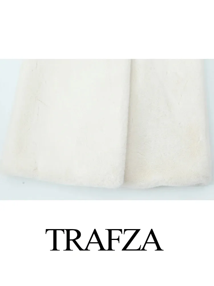 TRAFZA Winter Mode Frauen Warme Mantel Weiß Drehen-unten Kragen Langarm Taschen Gürtel Dekoration Weibliche High Street Lange mäntel