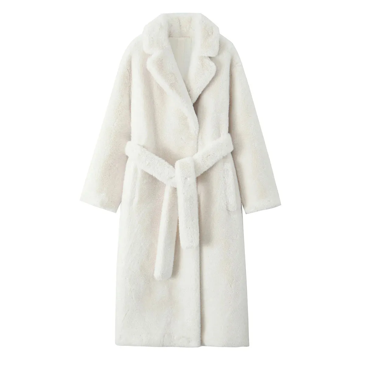 TRAFZA Winter Mode Frauen Warme Mantel Weiß Drehen-unten Kragen Langarm Taschen Gürtel Dekoration Weibliche High Street Lange mäntel