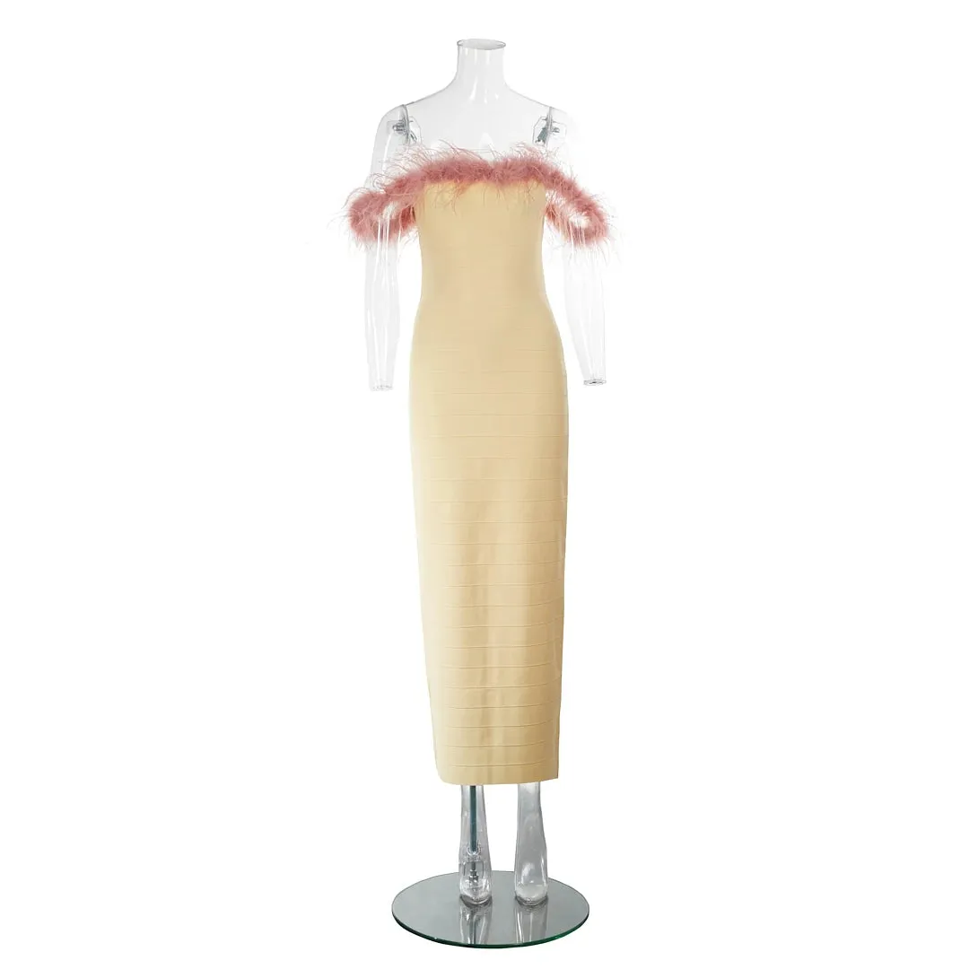 Trend4us Feathered Elegance Strapless Maxi Dress