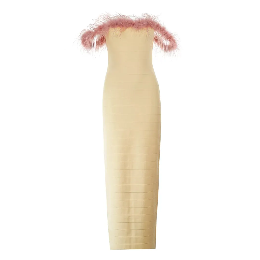 Trend4us Feathered Elegance Strapless Maxi Dress