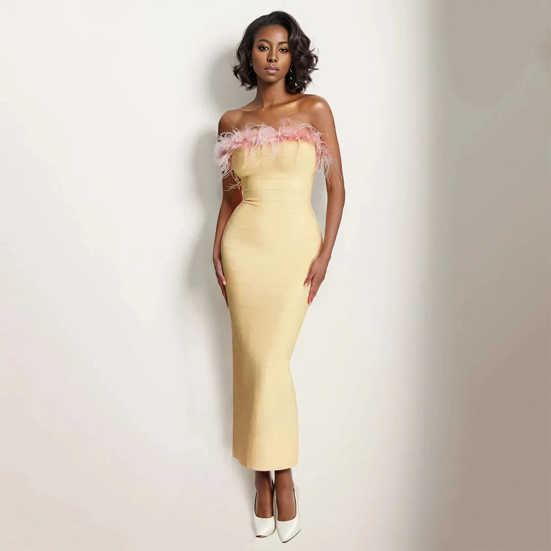 Trend4us Feathered Elegance Strapless Maxi Dress