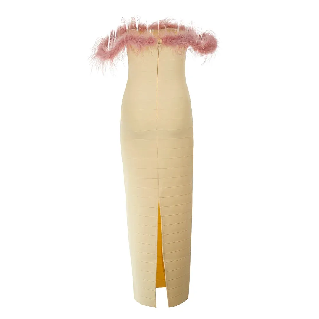 Trend4us Feathered Elegance Strapless Maxi Dress