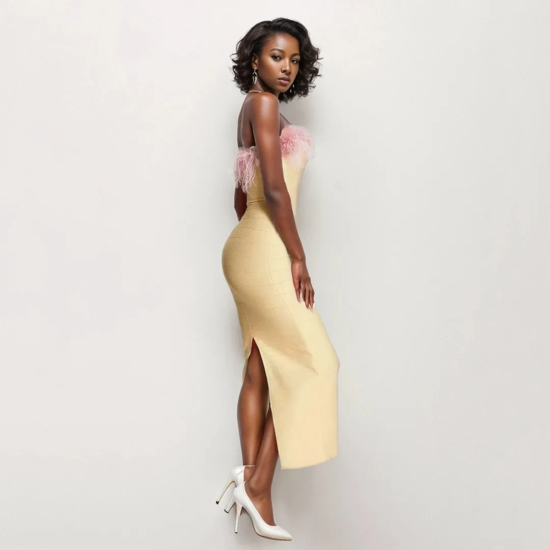 Trend4us Feathered Elegance Strapless Maxi Dress