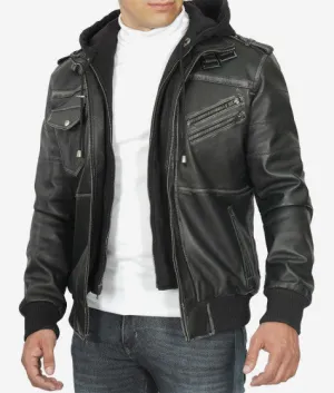 Trending Men's Leather Bomber Jacket With Removable Hood