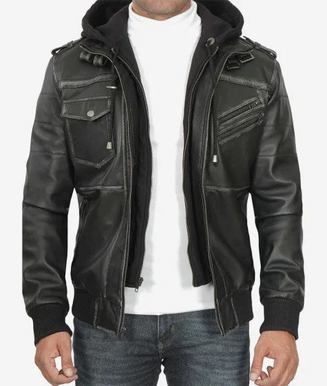 Trending Men's Leather Bomber Jacket With Removable Hood
