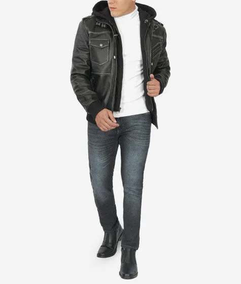 Trending Men's Leather Bomber Jacket With Removable Hood