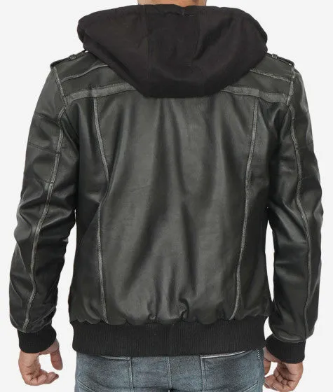 Trending Men's Leather Bomber Jacket With Removable Hood