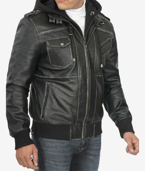 Trending Men's Leather Bomber Jacket With Removable Hood