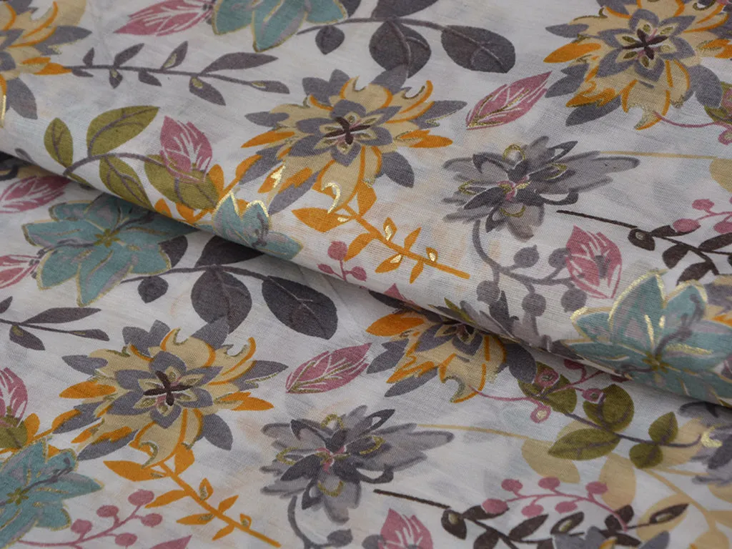 White Floral Pure Mul Mul Cotton Fabric