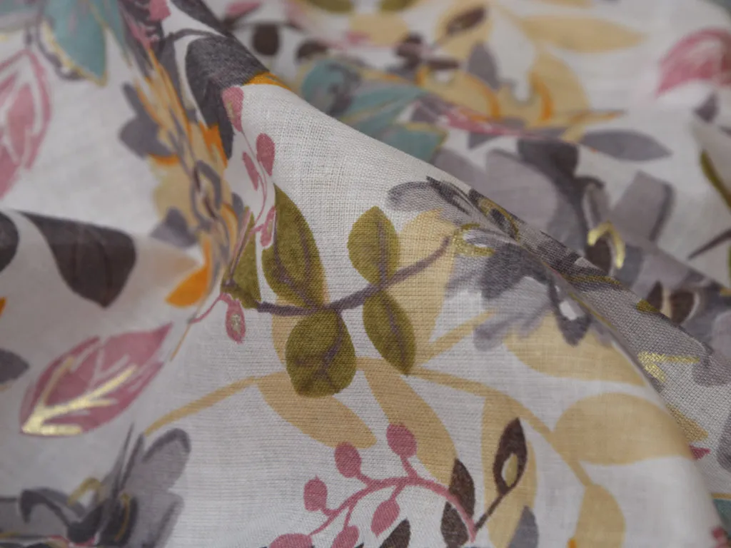 White Floral Pure Mul Mul Cotton Fabric