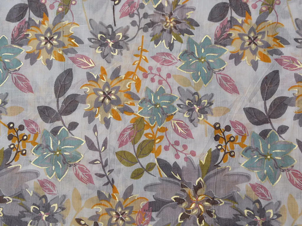 White Floral Pure Mul Mul Cotton Fabric