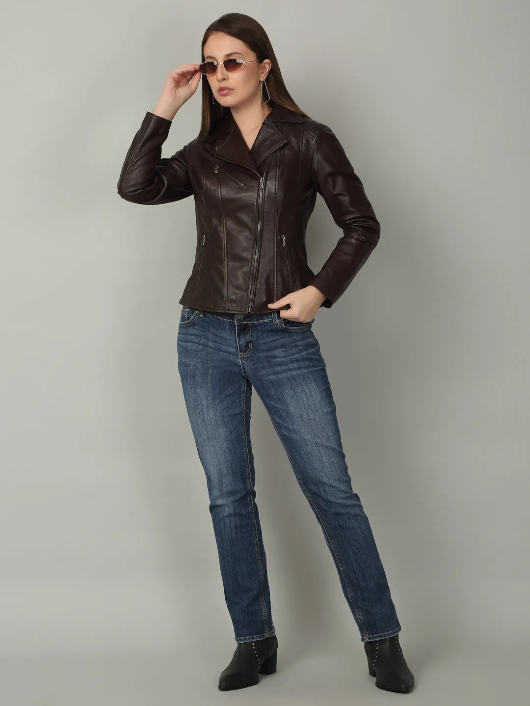 Women Classic Brown Biker Leather Jacket