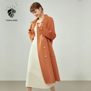 Women Small Lapel 100% Wool Double-faced Coat Double-breasted Buttons Straight Coat Raglan Sleeves Black Woolen Coats