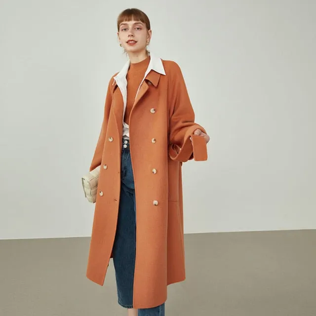 Women Small Lapel 100% Wool Double-faced Coat Double-breasted Buttons Straight Coat Raglan Sleeves Black Woolen Coats