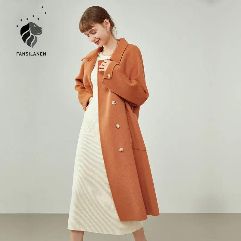 Women Small Lapel 100% Wool Double-faced Coat Double-breasted Buttons Straight Coat Raglan Sleeves Black Woolen Coats