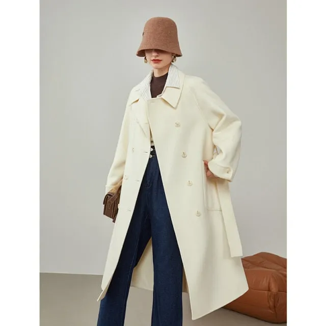 Women Small Lapel 100% Wool Double-faced Coat Double-breasted Buttons Straight Coat Raglan Sleeves Black Woolen Coats