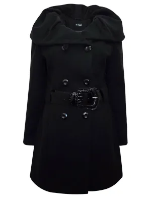 Womens Black Shawl Collar Double Breasted Winter Coat