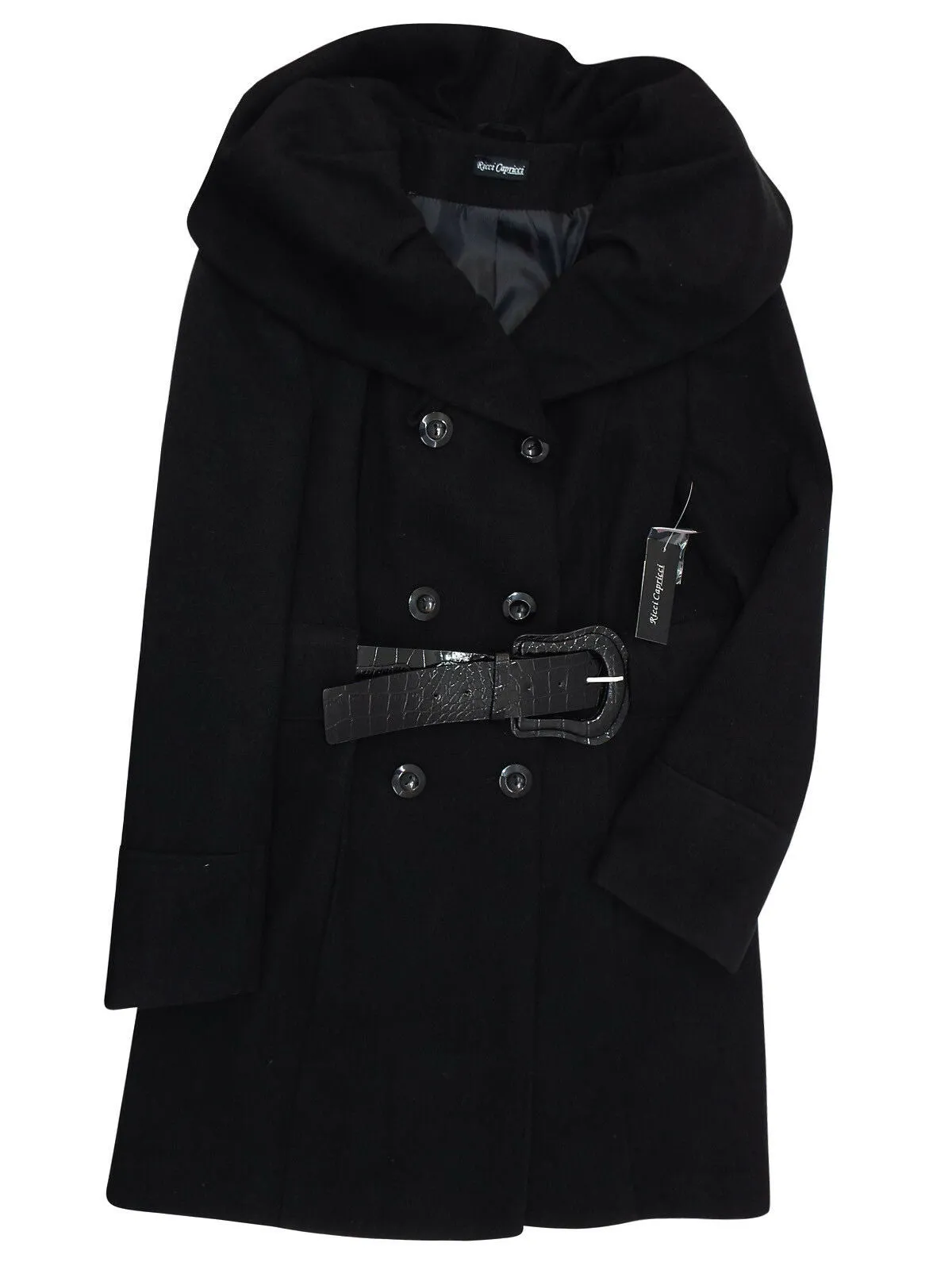 Womens Black Shawl Collar Double Breasted Winter Coat