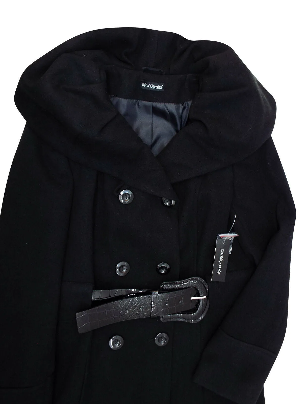 Womens Black Shawl Collar Double Breasted Winter Coat