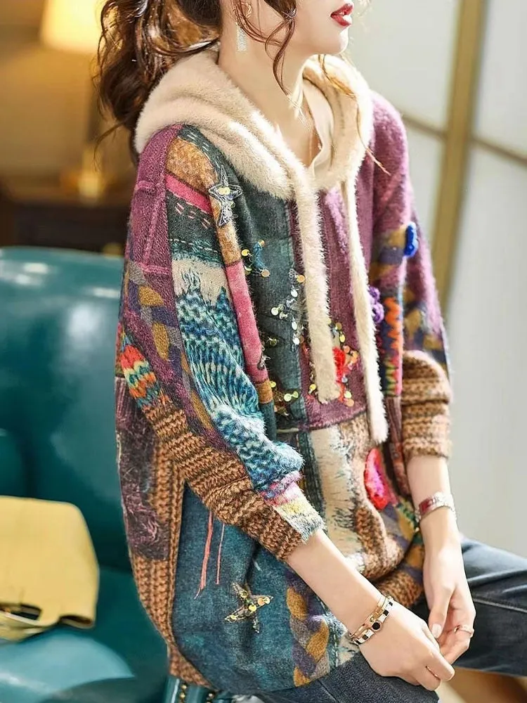 Womens Luxury Hooded Printed Sequins Knitted Sweaters