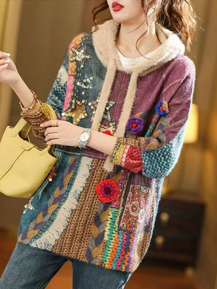 Womens Luxury Hooded Printed Sequins Knitted Sweaters