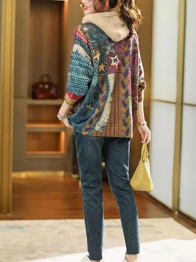 Womens Luxury Hooded Printed Sequins Knitted Sweaters