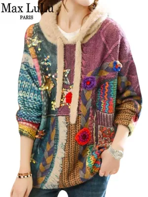 Womens Luxury Hooded Printed Sequins Knitted Sweaters