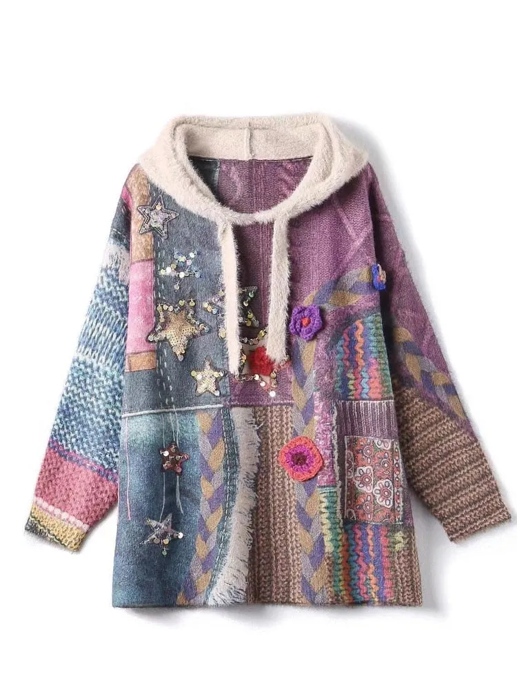 Womens Luxury Hooded Printed Sequins Knitted Sweaters