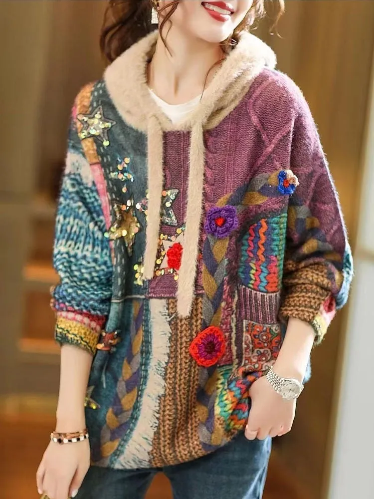 Womens Luxury Hooded Printed Sequins Knitted Sweaters