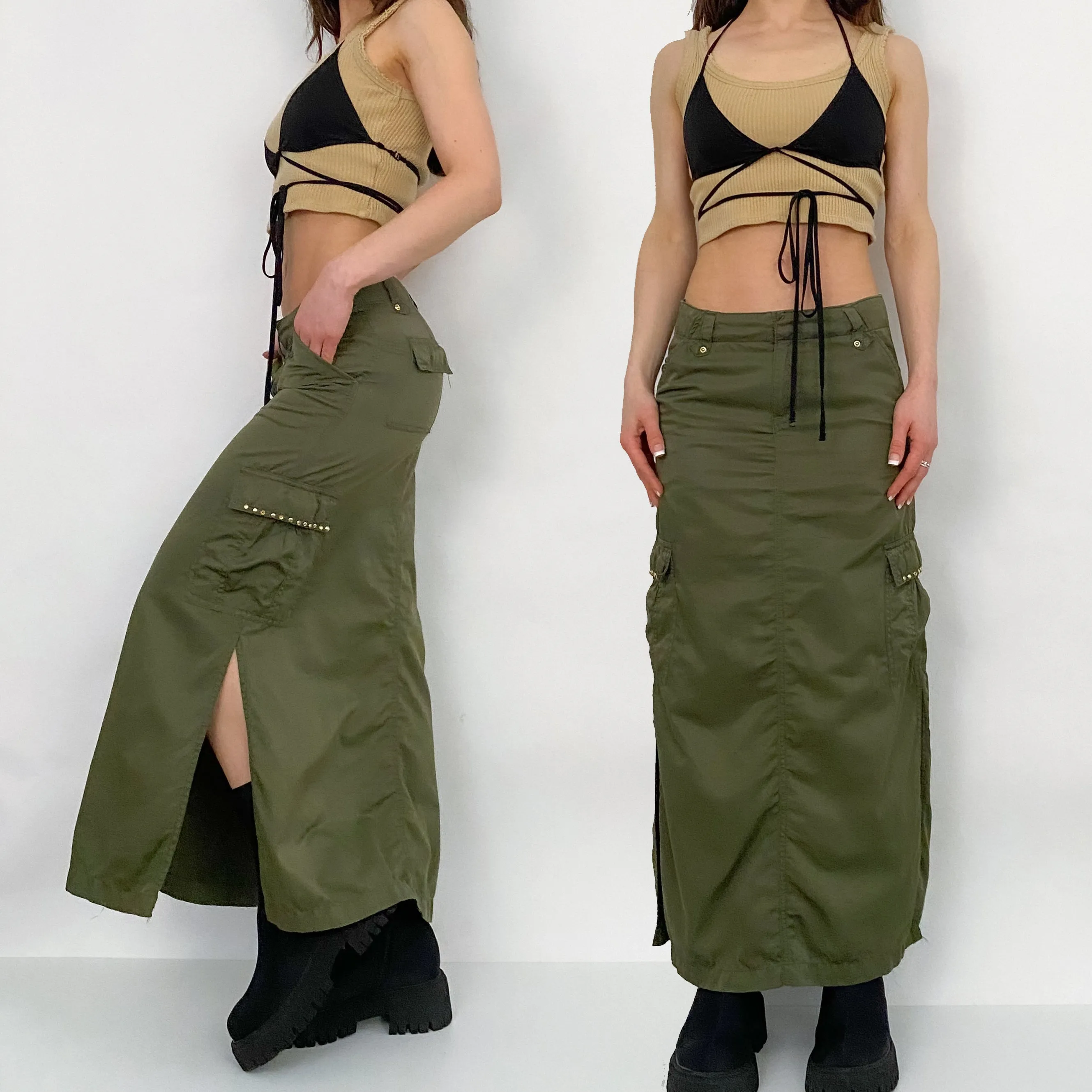 Y2K Olive Nylon Maxi Skirt - Small