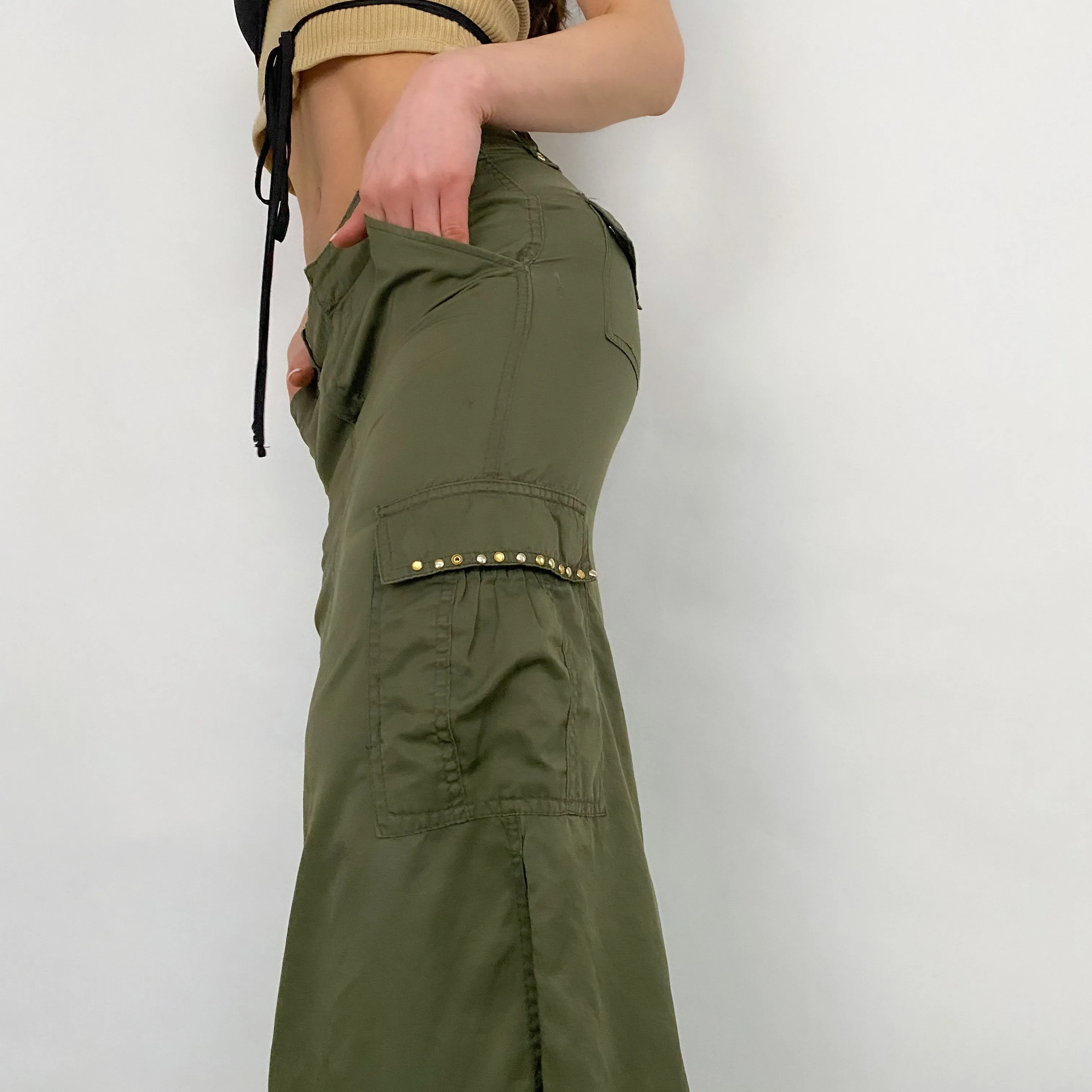 Y2K Olive Nylon Maxi Skirt - Small