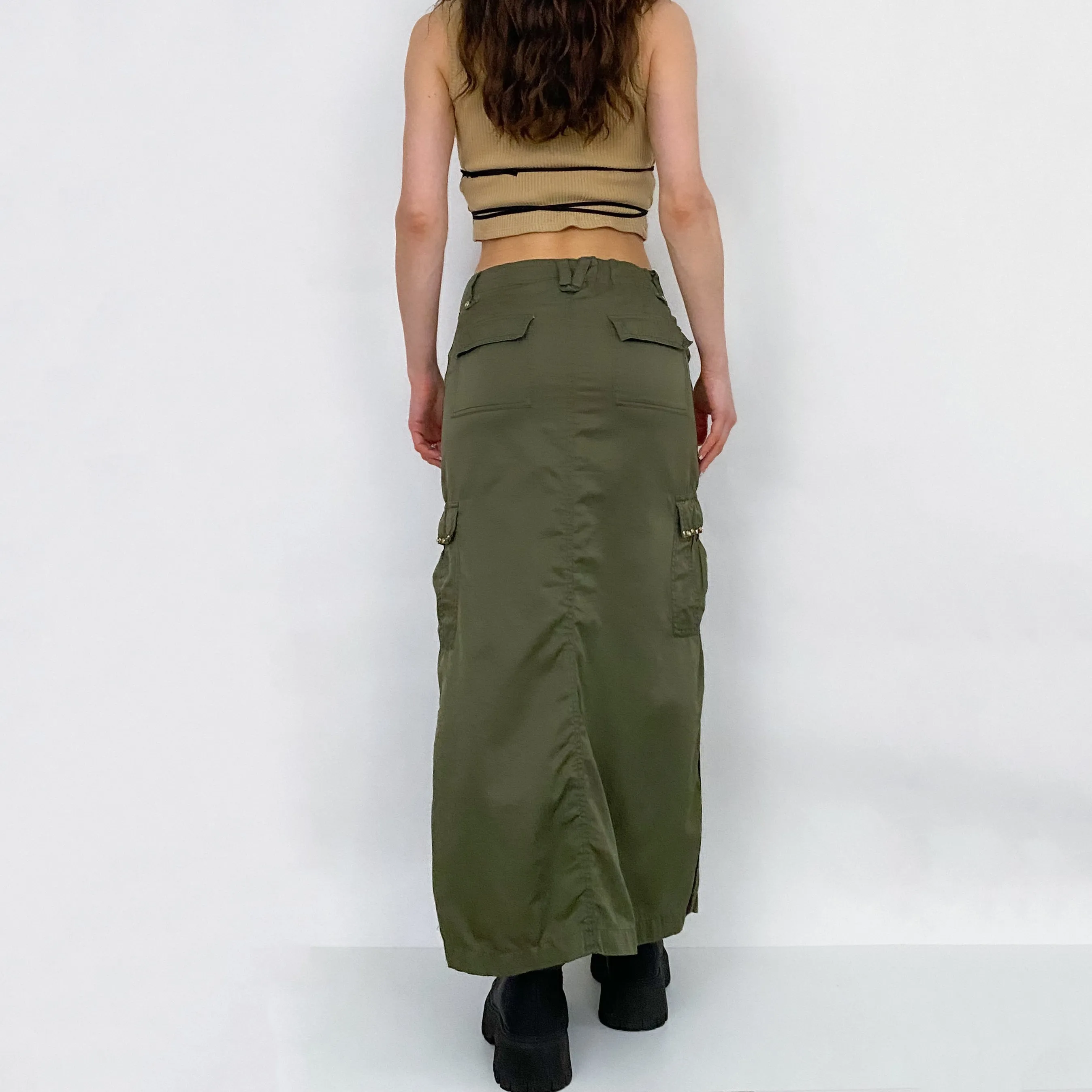 Y2K Olive Nylon Maxi Skirt - Small
