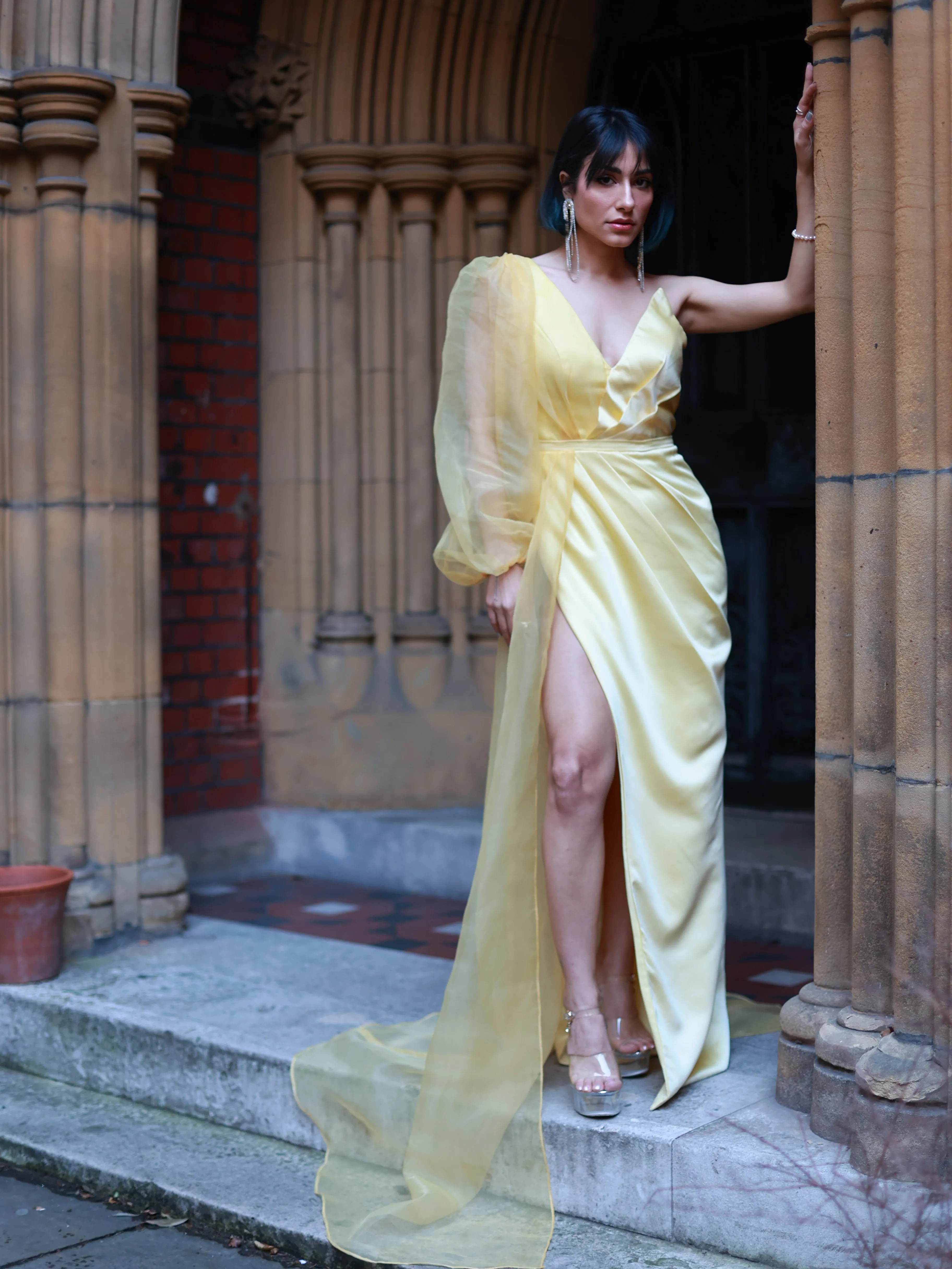 Yellow One Shoulder Long Slit Prom Dress