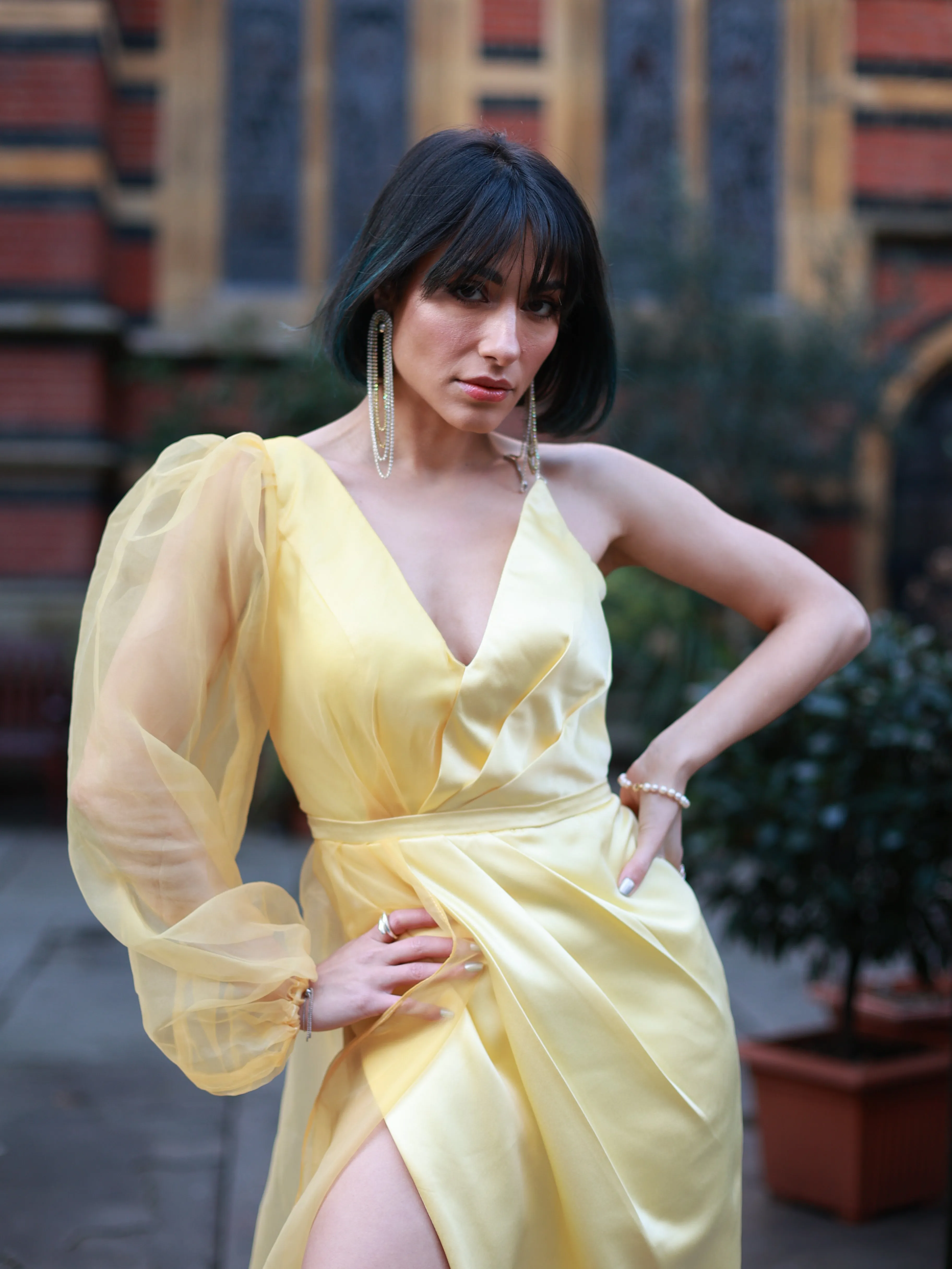 Yellow One Shoulder Long Slit Prom Dress