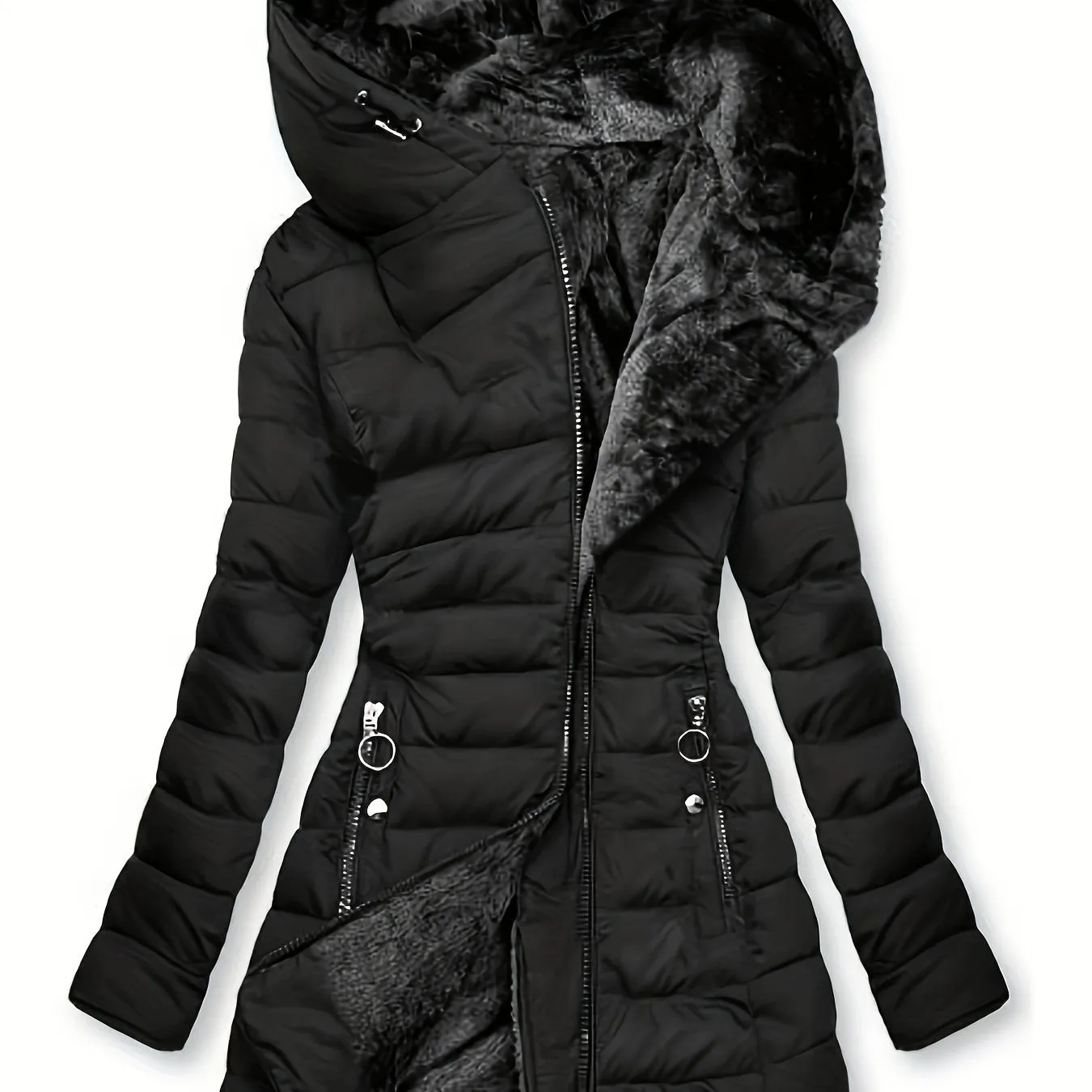 Zip-up Hoodie Puffy Coat, Faux Fur Lined, Casual Winter Coat